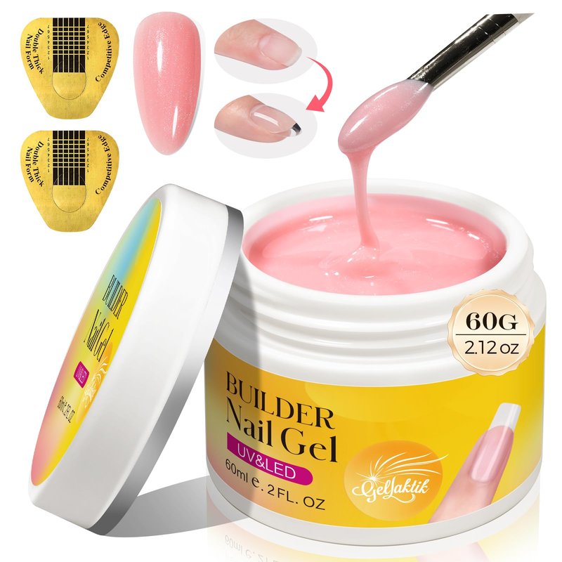 GELLAKTIK Builder Gel for Nails, 60g Glitter Pink Hard Gel for Nail Extension with 10 Nail Forms, Strengthener & Thickening, UV LED Lamp Cured Sculpture, Repair Broken Nails, Salon DIY Manicure Kit