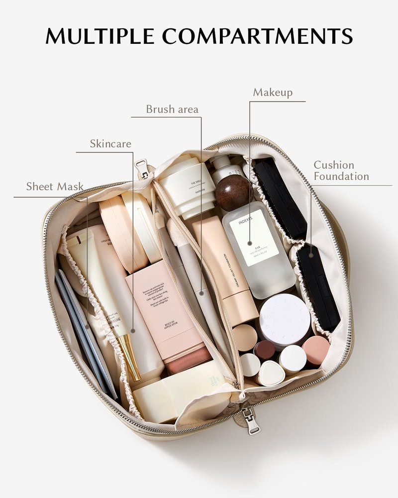 EACHY Travel Makeup Bag, Lychee Leather Large Capacity Cosmetic Bag for Women, Open Flat Toiletry Bag with TPU Brush Compartment, Waterproof Skincare Organizer Travel Essentials