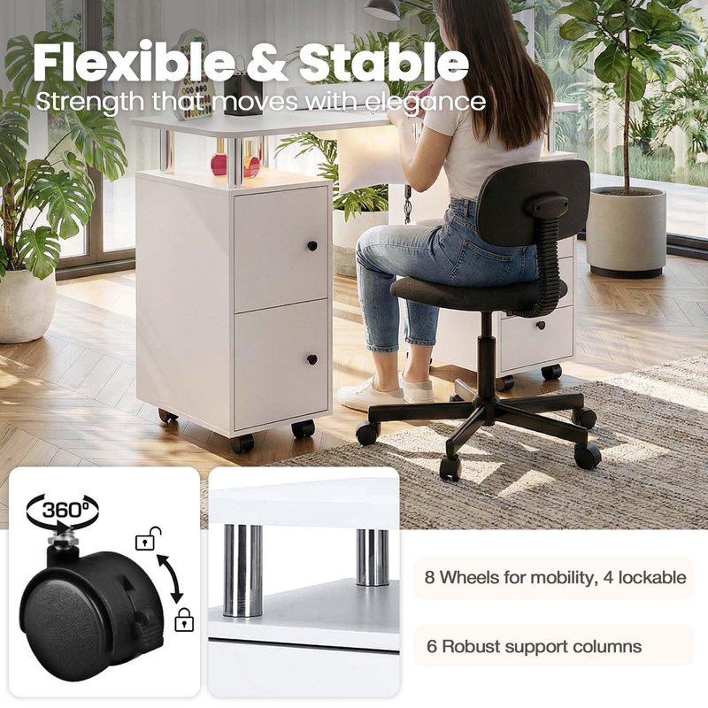 Oakvera Nail Tech Table with Dust Collector & LED Light, Rolling Manicure Desk with Storage Drawers & Cabinets, Lockable Wheels, Acetone-Resistant Beauty Workstation for Salon, Home (White)