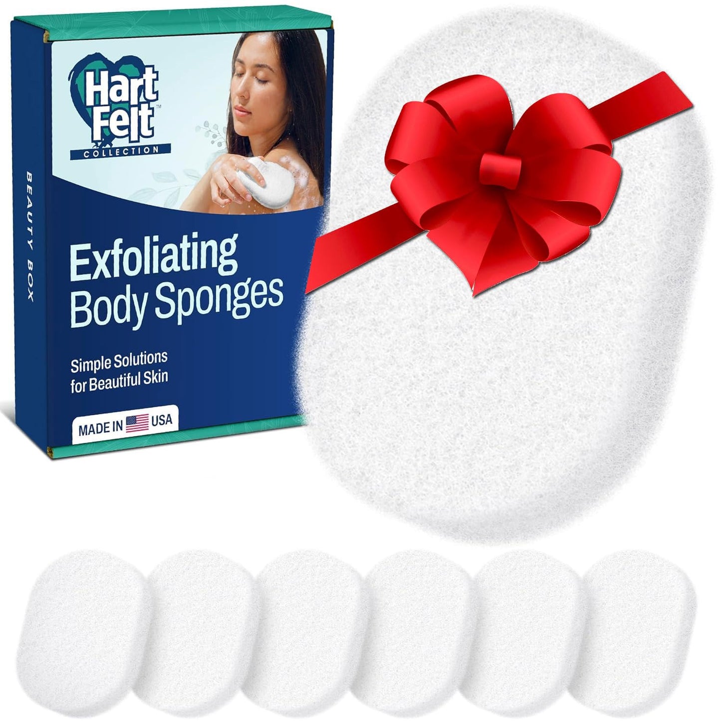 HartFelt 7 Pack Body Exfoliation Beauty Box with Body Wash Scrubber | Super Soft Exfoliating Bath Sponges for Shower Women & Men | Chemical-Free Bathing Sponge Set for Dead Skin Removal | Gift Box