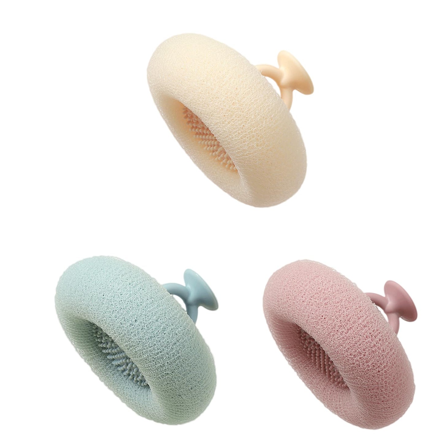 Soft Sunflower Bath Ball with Suction Cup Hook, 3D Textured Mesh Exfoliating Bath Sponge Cleaning Brush，New Silicone Massage Center for Deep Cleansing (Off-White+Light Cyan+Purple)
