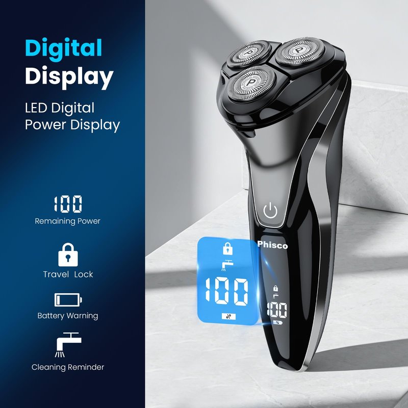 Phisco Electric Razor for Men Cordless: Upgraded Rechargeable IPX7 Waterproof Shaver, Perfect for Men with Sensitive Skin and Travelers, Wet/Dry Shaving and Shower Use, Pop-Up Trimmer