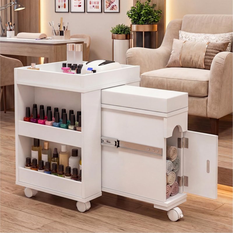 HolaiNail Pedicure Trolley Cart with Foot Rest, Wheels, Storage Shelves & Cabinet, Extendable Mobile Pedicure Foot Stool Stand Manicure Station for Nail Tech/Home Salon, 26.3" L