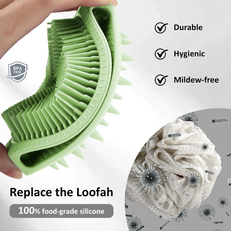 Mabnuby 2 Pack Silicone Body Scrubber, Exfoliating Silicone Loofah Shower Scrubber for Men & Women, 2-in-1 Food-Grade Antibacterial Dual-Sided Bath & Shampoo Brush for Sensitive Skin, Purple + Green