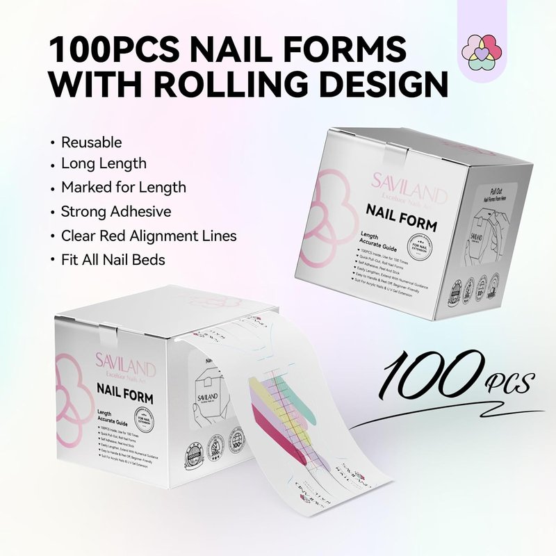 SAVILAND Plus Nail Forms - Reusable Sticky Nail Extension Forms for Builder Gel & Acrylic Nails | Precise Length Guide