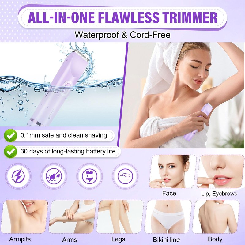 Nest Timber Women's Bikini Trimmer, 2-in-1 Electric Shaver for Bikini Line, Legs, Underarms, Face - Waterproof Women's Electric Shaver for Sensitive Skin, USB Rechargeable(Purple)