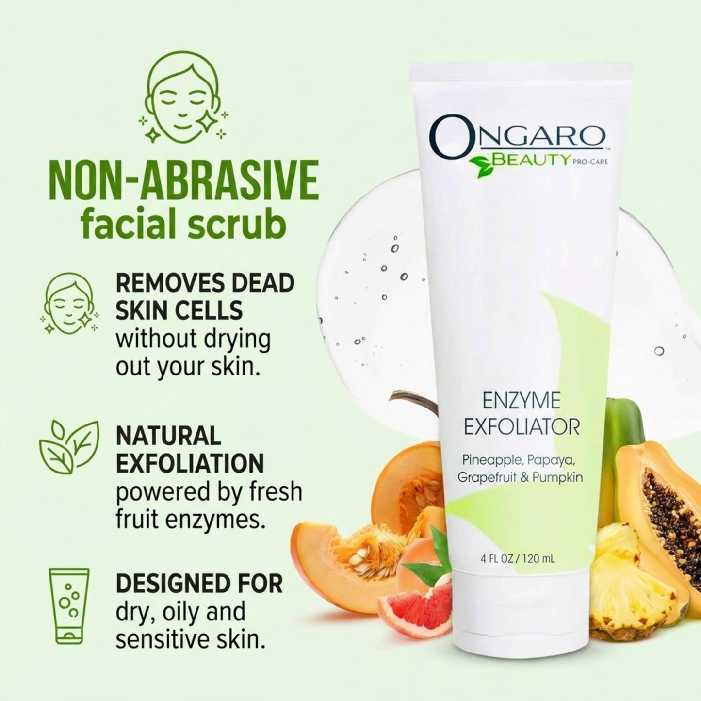 Ongaro Beauty Organic Face Scrub - Natural Exfoliating Face Wash & Enzyme Peel for Sensitive Skin - Facial Scrub Exfoliator for Women & Men - Clear Acne & Unclog Pores - Smooths & Brightens - 4 FL OZ