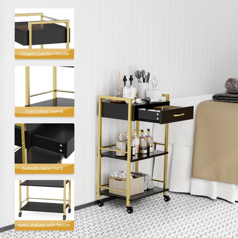 Salon Trolley Cart with Wheels, Esthetician Cart with 1 Drawer & 2 Trays, Mobile Storage Organizer for Beauty Spa Massage Tattoo Esthetic Facial Tool Holder Station, Black Gold