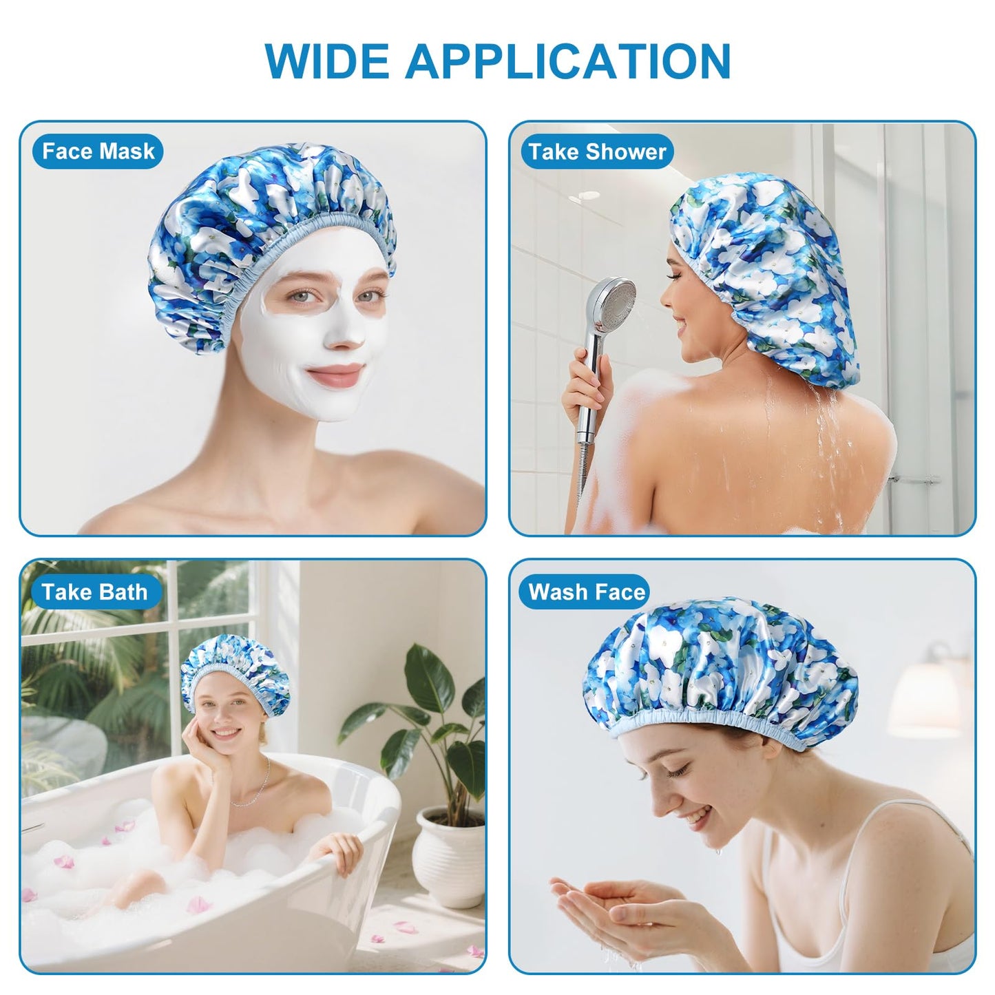 Upgraded Waterproof Terry Shower Caps, Reusable Shower Cap for Women with Long Hair, Soft Absorbent Hair-Protecting Towel Lining Bath Cap, Large Leak-Proof Hair Cap with Fashionable Print Outer-Blue
