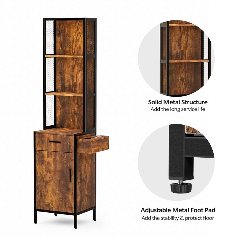 3-Layer Salon Storage Cabinet - Beauty Barber Styling Station Organizer with Drawer & Hot Tool Holders | Rustic Design