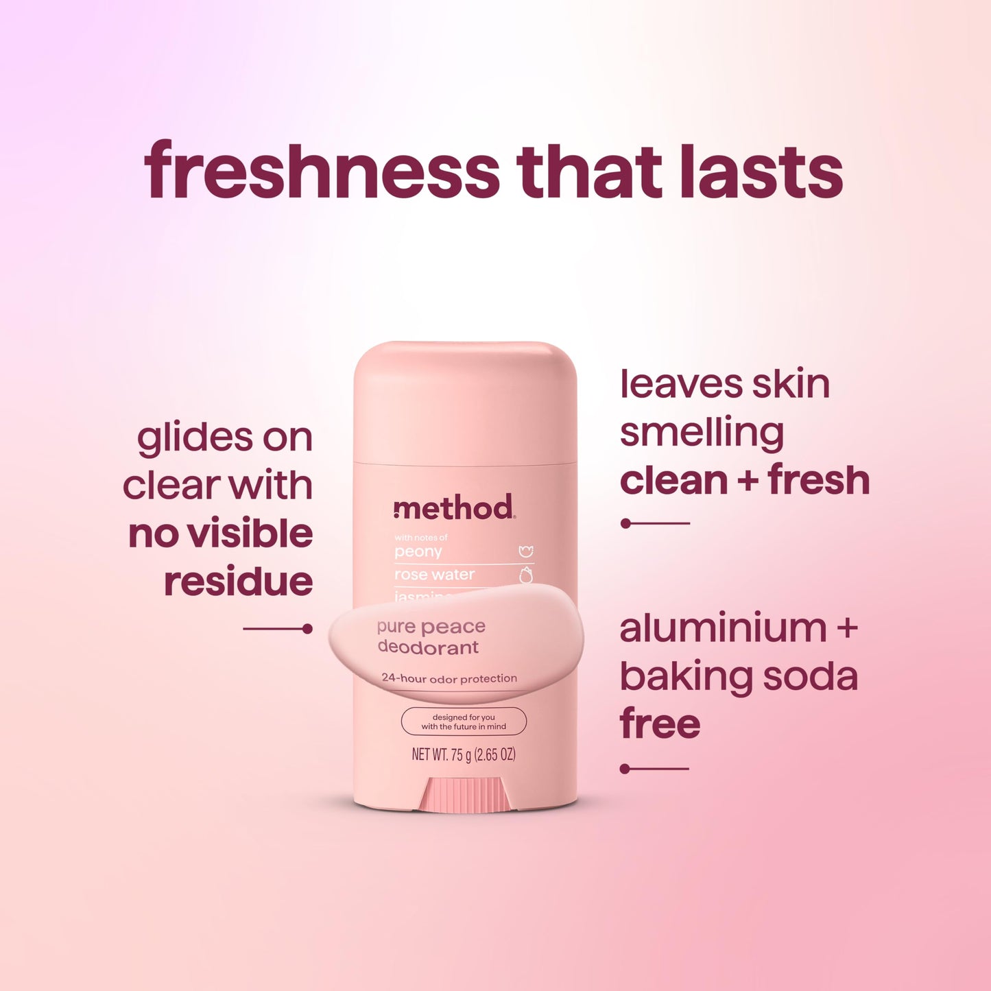 method Deodorant Stick, Pure Peace - 24-Hour Odor Protection, Aluminum & Baking Soda Free, Notes of Peonies, Rose Water & Jasmine, 2.65 oz