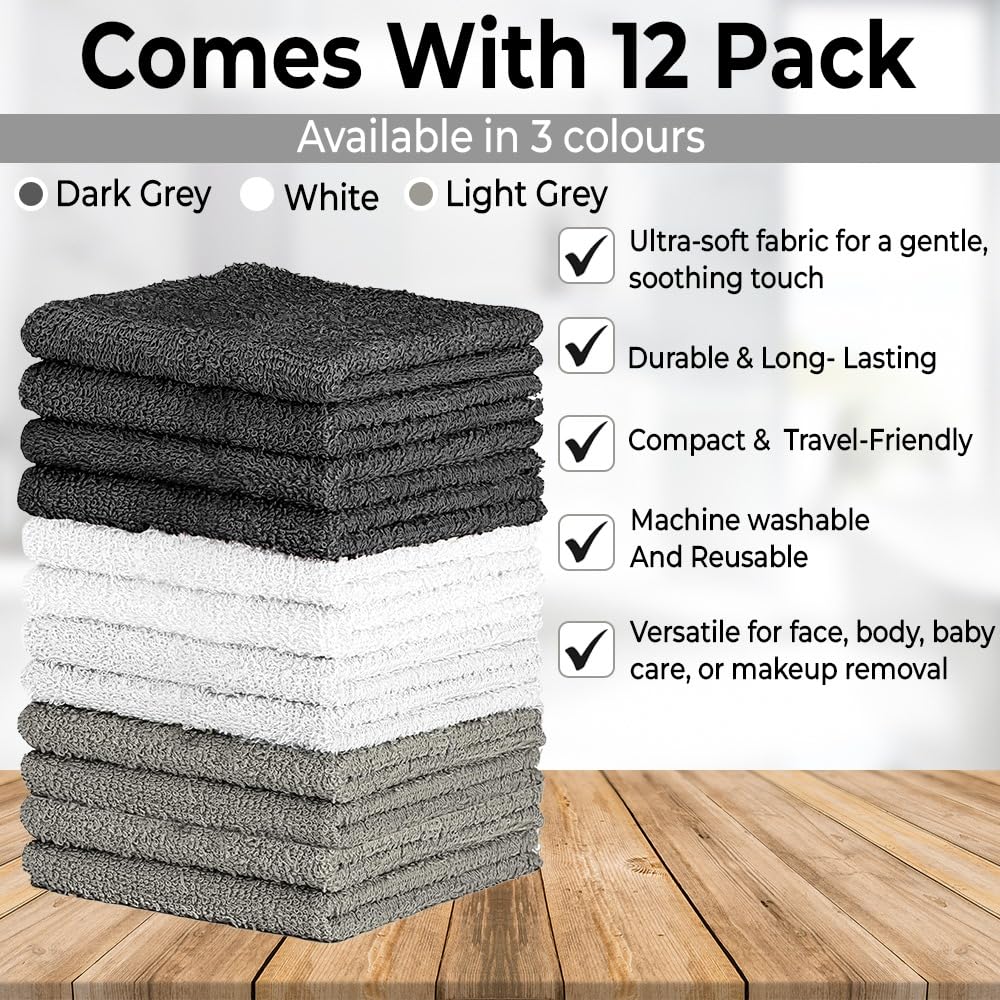 QUBA LINEN 100% Cotton Washcloth Set – Soft, Absorbent Face Towels for Bathroom & Gym Use –Reusable, Durable & Machine Washable - Dark Grey, White & Light Grey, 12x12 Inches, Pack of 12