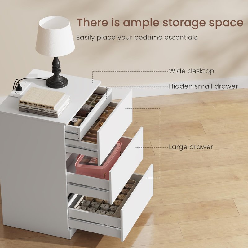 Nightstand Set of 2, 4 Drawers, 26" H with Hidden Drawer, Bedside Table with Charging Station, Modern Night Stand for Bedroom, White