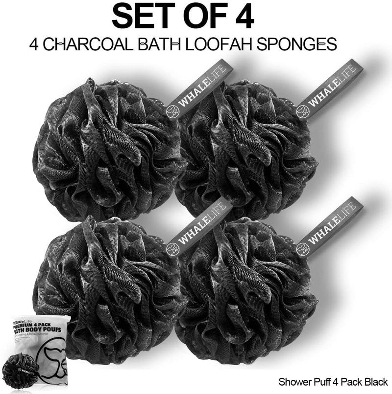 Loofah Bath Sponges - Gentle Exfoliating Shower Scrubber for Rich Lather | Durable Mesh Body Scrubber, 4 Pack - Black
