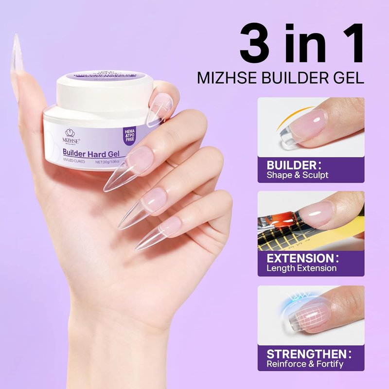 MIZHSE HEMA-Free Hard Gel for Nails - 1.06oz Clear Builder Gel | UV/LED Nail Strengthener for DIY Home Salon