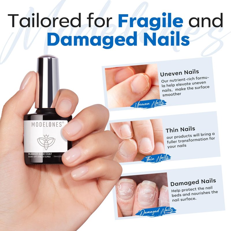 modelones Builder Rubber Gel Base Coat for Nails, Clear Rubber Base Gel Nail Polish for Strengthen/Apex Building/Enhance/Reinforced Long Lasting Fiber Protect Soak Off U V LED Gift for Thin Weak Nails
