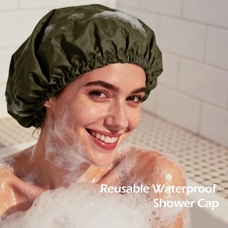 Shower Cap for Women Reusable Waterproof, Large Bath Cap with Elastic Band, Hair Caps for Long Hair and Braids, Green
