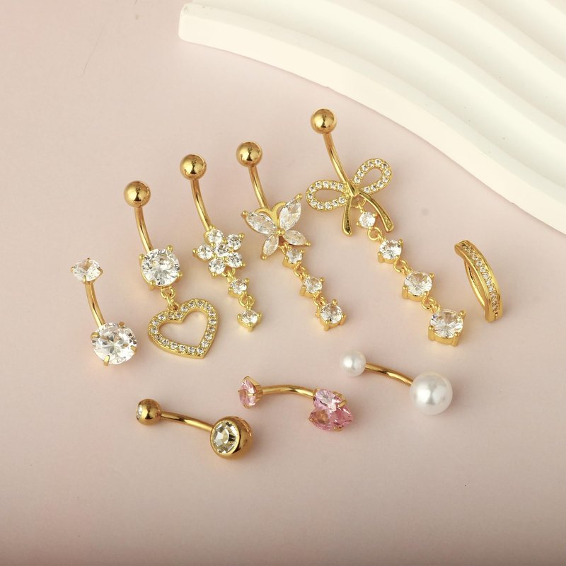 14G Gold Hoop Belly Button Ring For Women Surgical Stainless Steel Dangle Belly Rings Clicker CZ Belly Button Piercing Pack Butterly Heart Cute Flower Bow Dainty Navel Piercing Jewelry(gold)