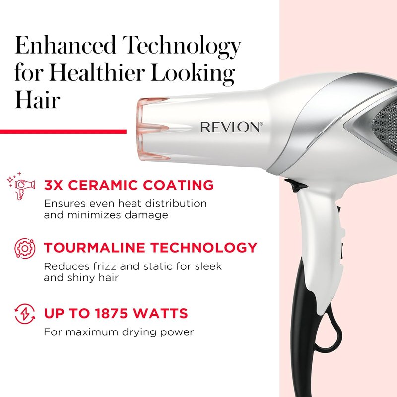 Revlon Infrared Ionic Hair Dryer - Tourmaline Technology for Frizz Control | 1875W, 2 Speed Settings, Diffuser Included