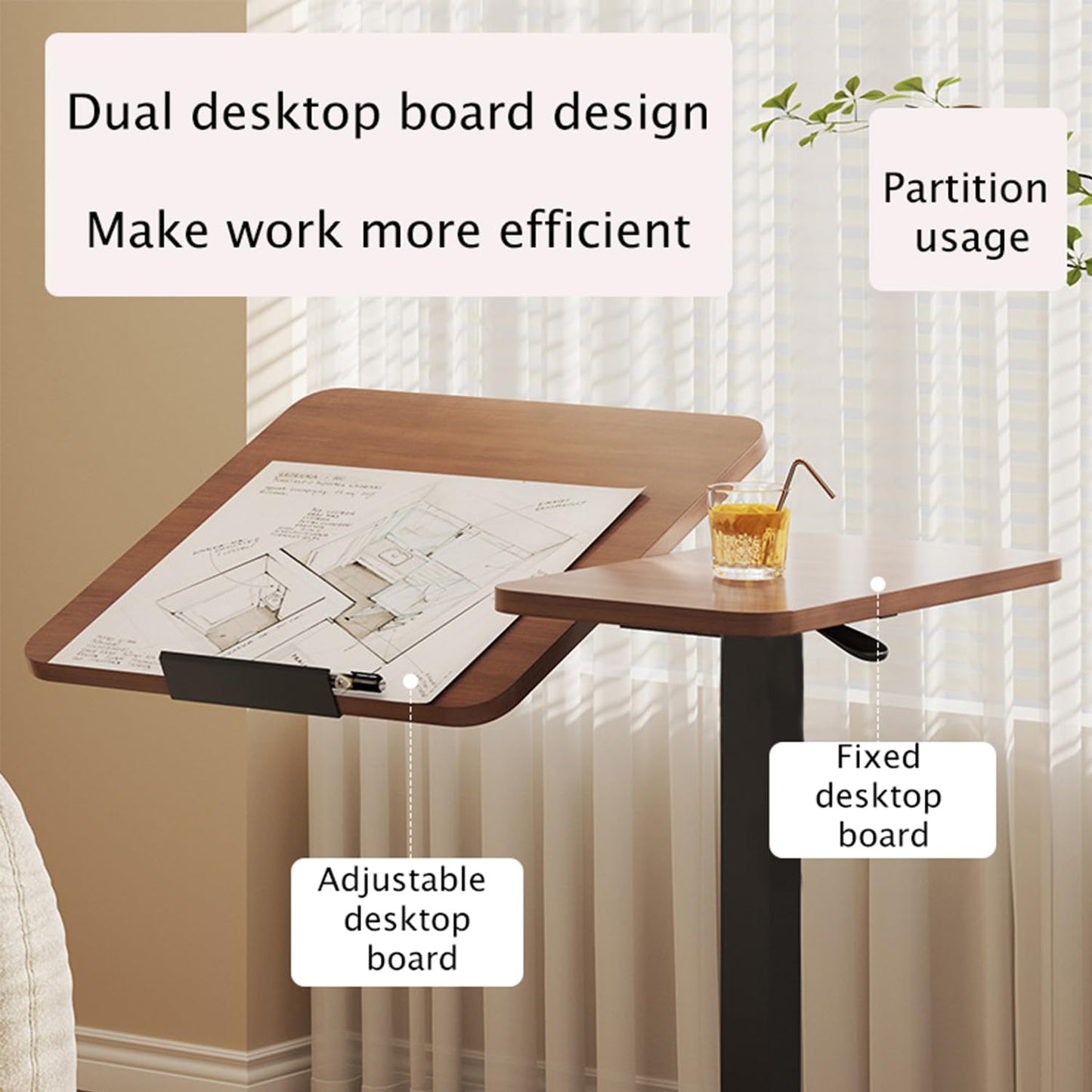WSLUKVII Height Adjustable Overbed Table with Hidden Wheels, Medical Bedside Hospital Bed Table, Rolling Laptop Standing Desk for Home, Office and Hospital Use, Walnut