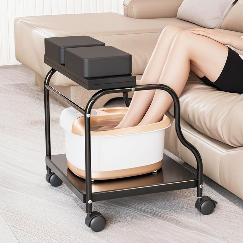 OmySalon Pedicure Cart Foot Bath Trolley, Portable Salon Nail Esthetician Rolling Cart, Adjustable Manicure & Foot Massage Stool w/PU Cushion, Locking Wheels, for Spa, Salon & Home (Black)