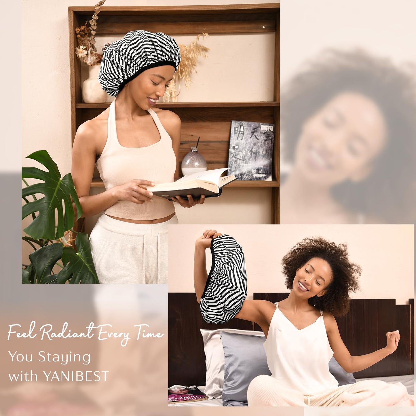 Yanibest Shower Cap Reusable Waterproof - Double Layer Shower Caps for Women, Washable Shower Bonnet with Soft Non-Slip Elastic Band, Bath Hair Hat for Most Hair Types