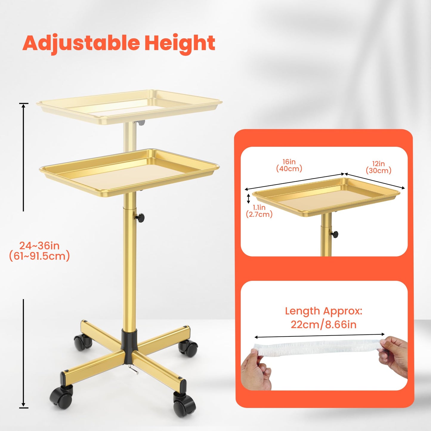 TASALON Rolling Salon Cart with Adjustable Height, Rolling Tray Trolley for Salon Essentials, Mobile Trolley with Wheels and 2 Magnetic Dye Bowls, 10 PCS Disposable Salon Tray Cover, Gold Metal