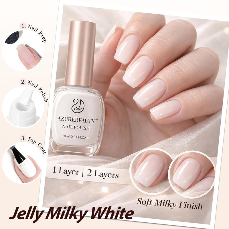 AZUREBEAUTY Milky White Translucent Nail Polish – Quick Dry, Long-Lasting, Natural Jelly Glossy Finish for DIY Manicure & Nail Art, Salon Quality for Women