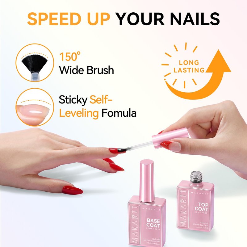 Makartt Hema-Free Gel Top and Base Coat Set: 2 PCS 15ml No Wipe Upgraded Mild Formula Diamond-Shine Long-Lasting Base and Top Coat Gel Nail Polish Soak Off UV LED Lamp Needed Home DIY Gift Women
