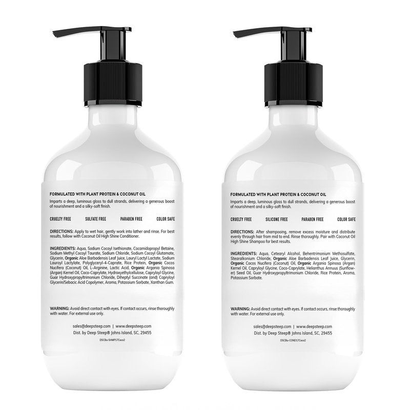 Deep Steep High Shine Coconut Oil Shampoo & Conditioner, 17 oz – Moisturizing Shampoo with Aloe Vera, Argan Oil, Rice Protein - Sulfate-Free, Vegan, Clean Beauty Hair Care, Soft & Glossy Hair