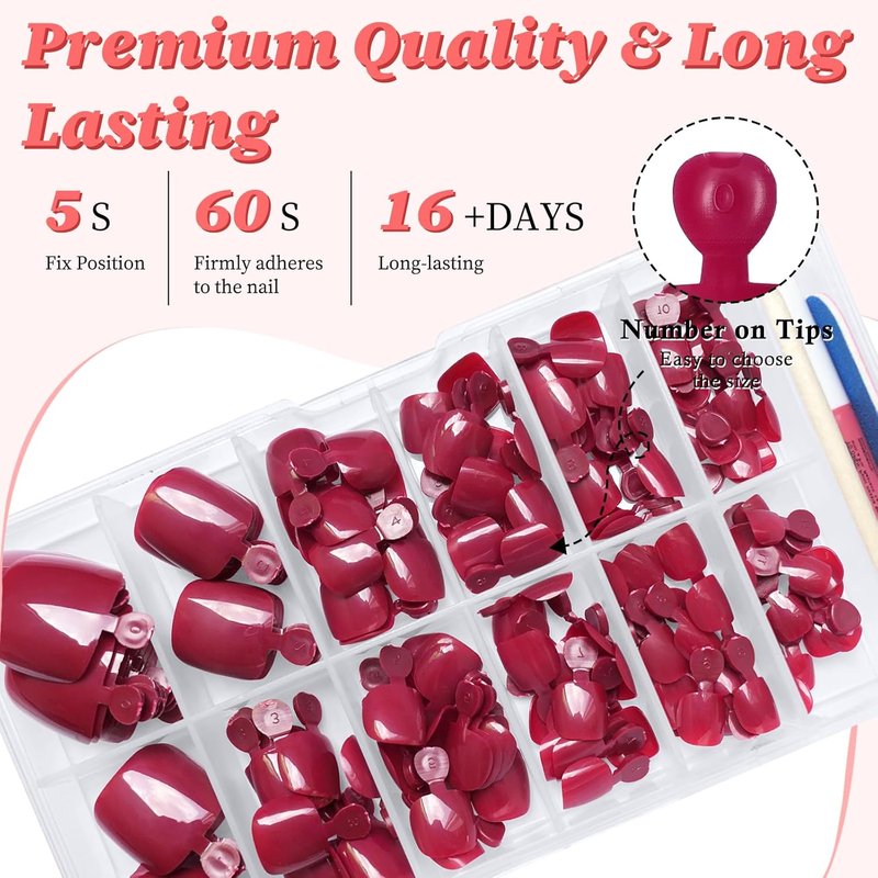 Skiennix 168pc Press-On Toenails - Berry Red Short Square Acrylic Tips for Effortless Style