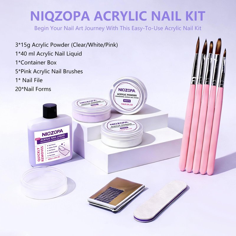 NIQZOPA Acrylic Nail Kit for Beginners: Clear White Pink Powder and Liquid Set - Professional Nails Kit Acrylic Set with Brushes Manicure Tools for Home DIY