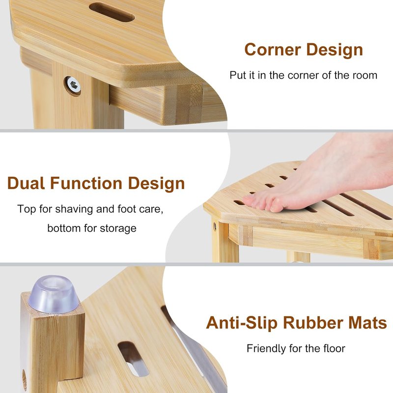 Bamboo Shower Foot Rest - 13.8in Waterproof Stool for Shaving Legs | Corner Shower Storage Solution