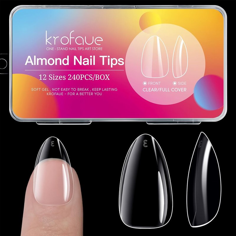 Krofaue Almond Nail Tips - 240 Pcs Clear Full Cover Soft Gel Fake Nails | 12 Sizes for Easy DIY Manicures