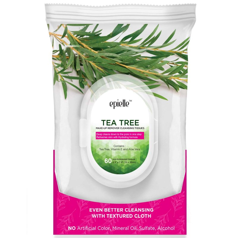 Epielle Tea Tree Makeup Remover Wipes, Gentle Daily Facial Cleanser Towelettes, Remove Dirt, Oil & Waterproof Mascara, Stocking Stuffers, 60 Count (Pack of 2)
