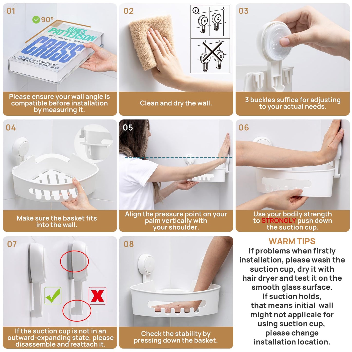 LEVERLOC Corner Shower Caddy Suction Cup, Shower Caddy Basket Powerful Suction Bathroom, Waterproof & Rustproof Organizer for Bathroom Storage, No-Drilling Removable (White)