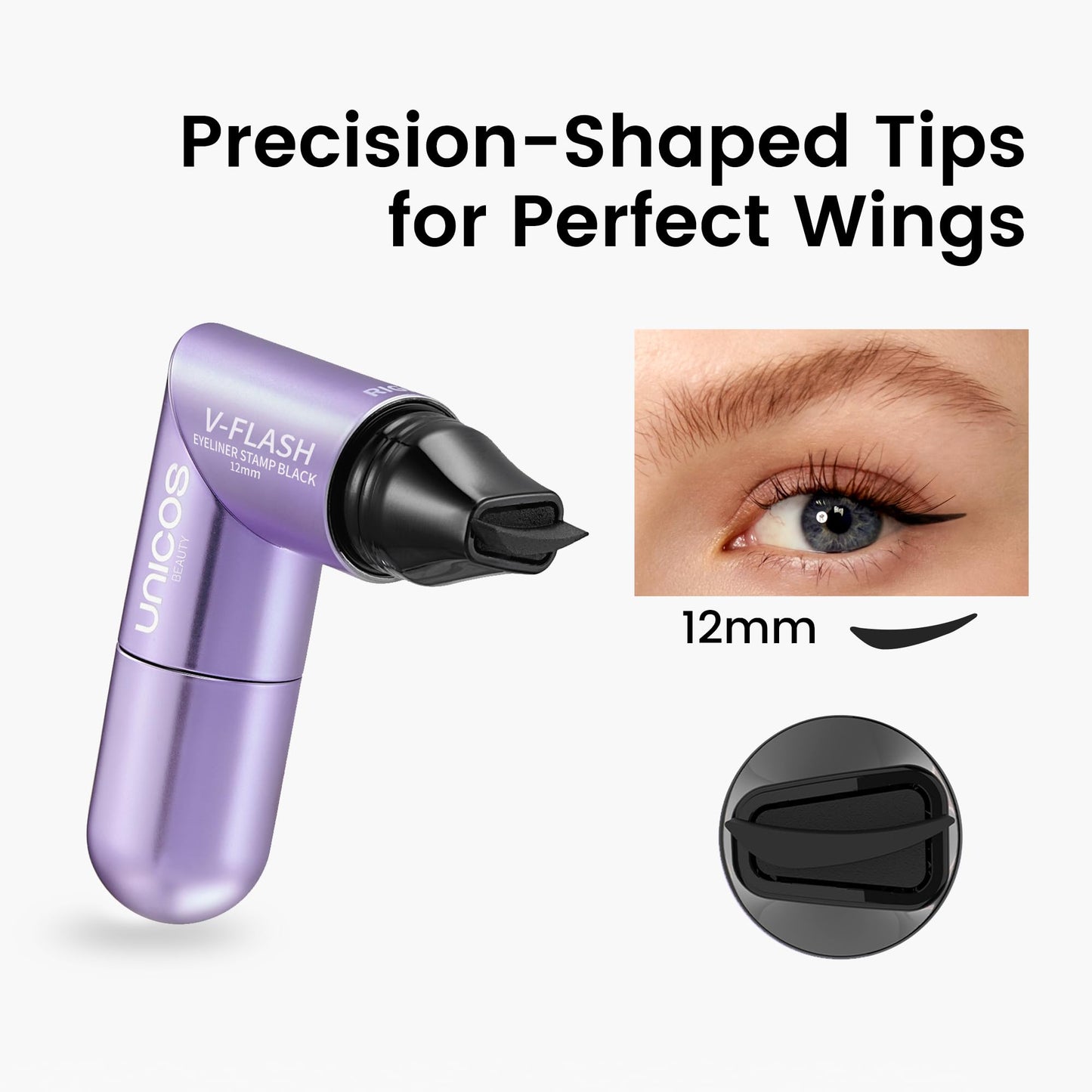 Unicos Winged Eyeliner Stamp - 90° Ergonomic Cat Eye Makeup Tool with Dual-Sided L/R Symmetry, Waterproof & Smudge-Proof Liquid Eye Liner Pen, 2.1ml High Capacity, Long Lasting Finish, 12mm