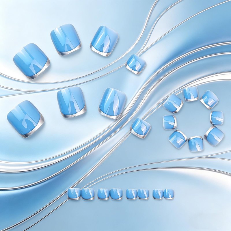 24Pcs Sliver French Tip Press on Toenails Summer Acrylic Toe Nail Press ons Short Square Fake Toenails Glossy Blue Toe Press on Nails Reusable Stick on Toenails for Women Nail Supplies