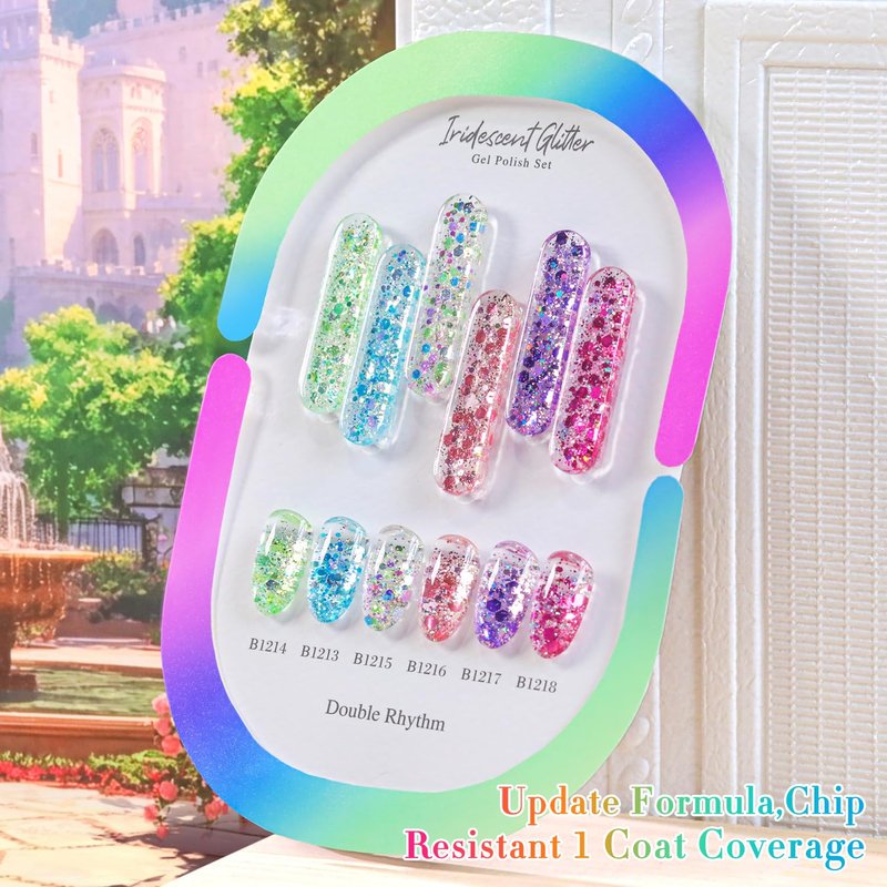 Double Rhythm Glitter Gel Polish Set of 6 Color with Display Borad 15 ml Full Size Cat Eye Magnetic Gel Nail Kit Shimmer Soak Off Manicure Salon DIY at Home (Iridescent Pink Red Rose Blue- T6-97)