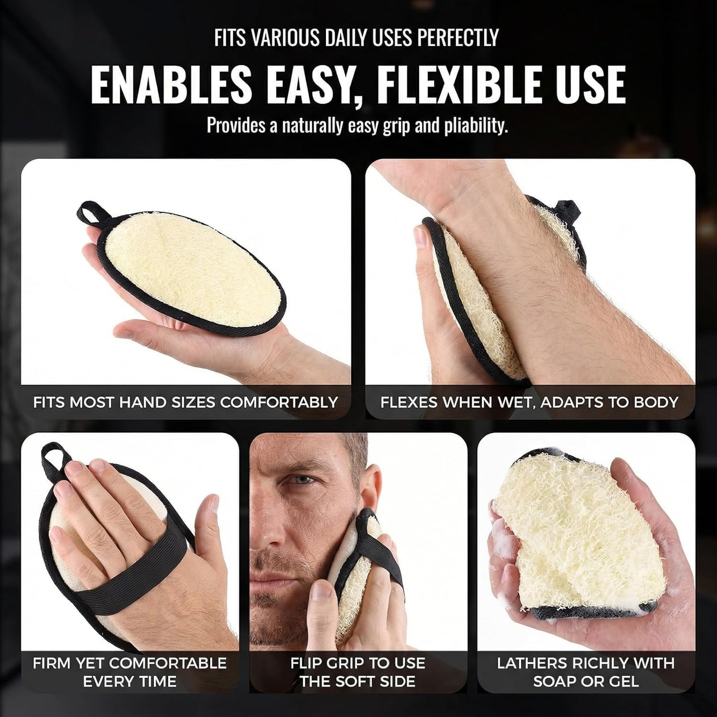 Rugged Natural Shower Loofah for Men - Tough Eco-Friendly Exfoliating Body Scrubbers, Durable & Gentle Terry Towel Cloth pad for Manly Skin Care - Lufas, Luffa, Loofah, Loufas Sponges