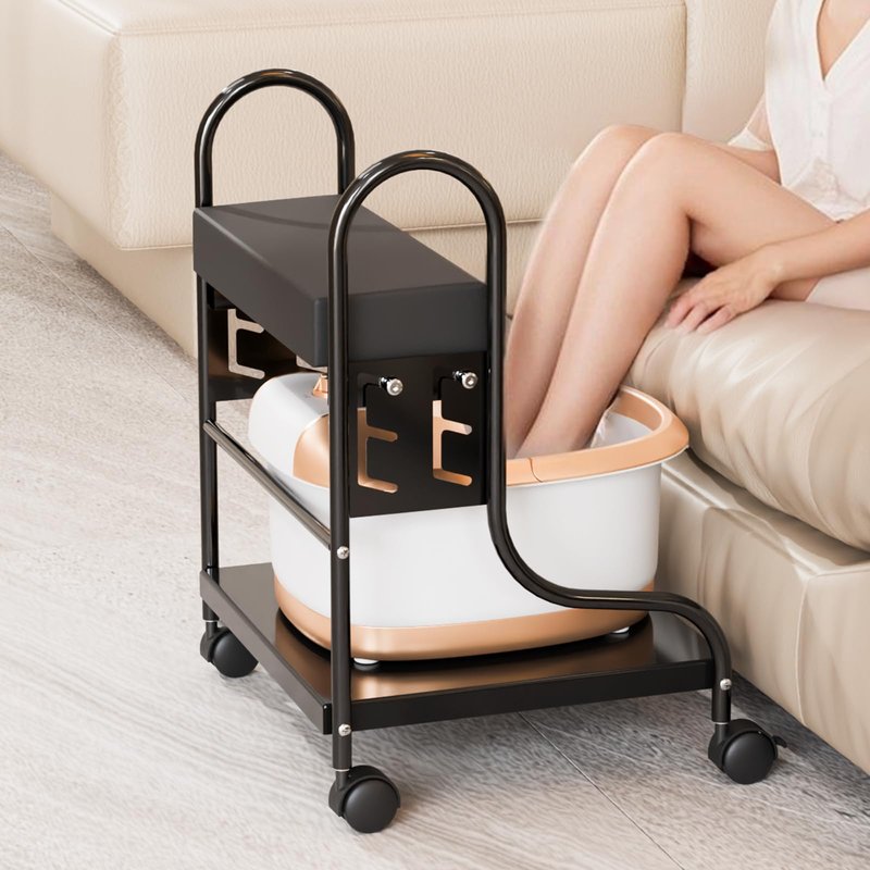 OmySalon Pedicure Cart Foot Bath Trolley, Adjustable Height Salon Trolley with PU Cushion, Portable Nail Esthetician Cart for Manicure & Foot Massage, Beauty Spa Supplies with Locking Wheels (Black)