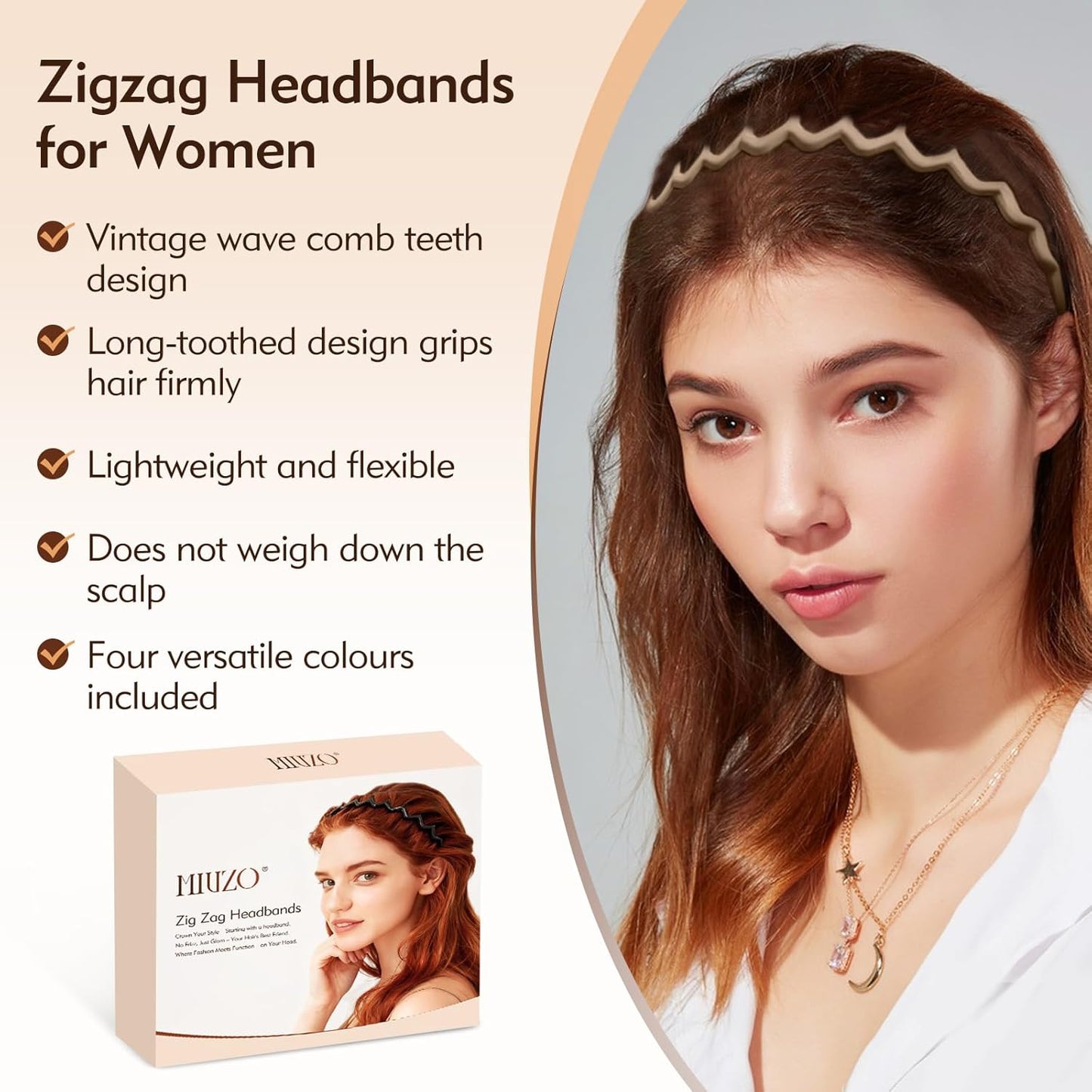 Zig Zag Headbands - 4-Pack Non-Slip Comb Headbands for Women & Men | Classic Wavy Claw Hair Accessories