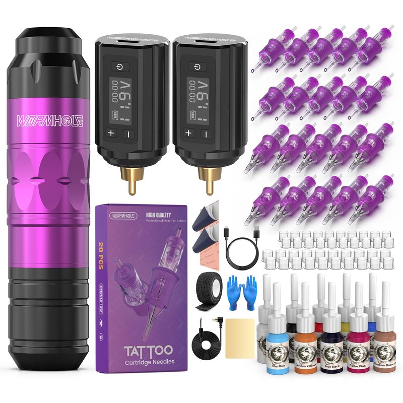 Wormhole Tattoo Gun Tattoo Kit with Wireless Tattoo Machine, 2PCS 1,200mAh Capacity Tattoo Batteries, 20 Cartridge Needles with Finger Ledge, Ink Color Set for Artists-Purple WTK293