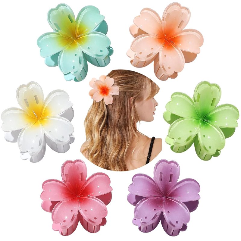 Flower Hair Claw Clips - 6 Pcs Hawaiian Style for Thick & Curly Hair | Strong Hold, Non-Slip Beach Accessories