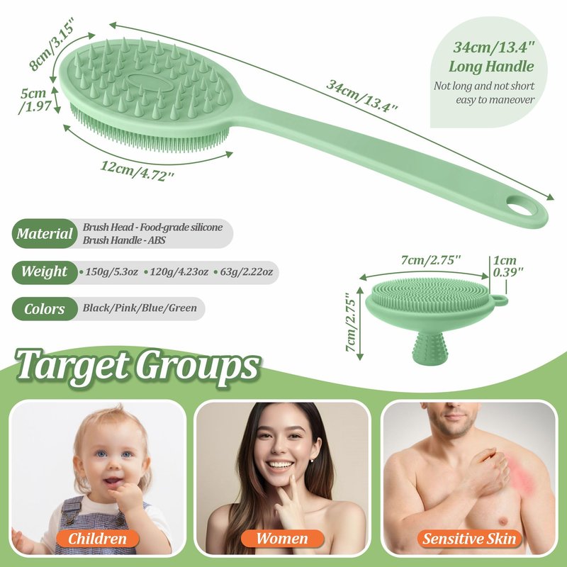 GEENOA Silicone Face & Back Scrubber Set, Manual Face & Body Scrubber Exfoliator with Soft Bristles and Non-Slip Handle, Back Brush Bath Brush with Detachable Brush Head(2PCS Green Set)