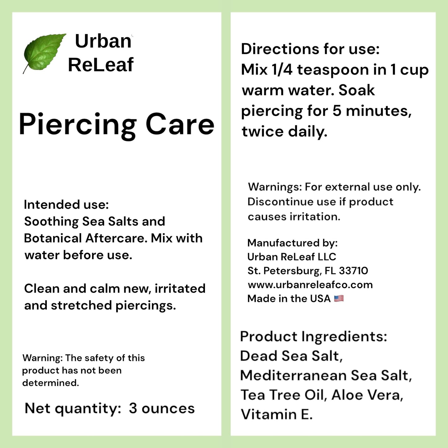 Urban ReLeaf Piercing Care Set of 2 ! Healing Sea Salts, Botanical AFTERCARE ! Safely Clean, Heal New Stretched Piercings. Gentle Effective Non-iodized. Vitamin Rich. Dead Sea Salt & Botanicals