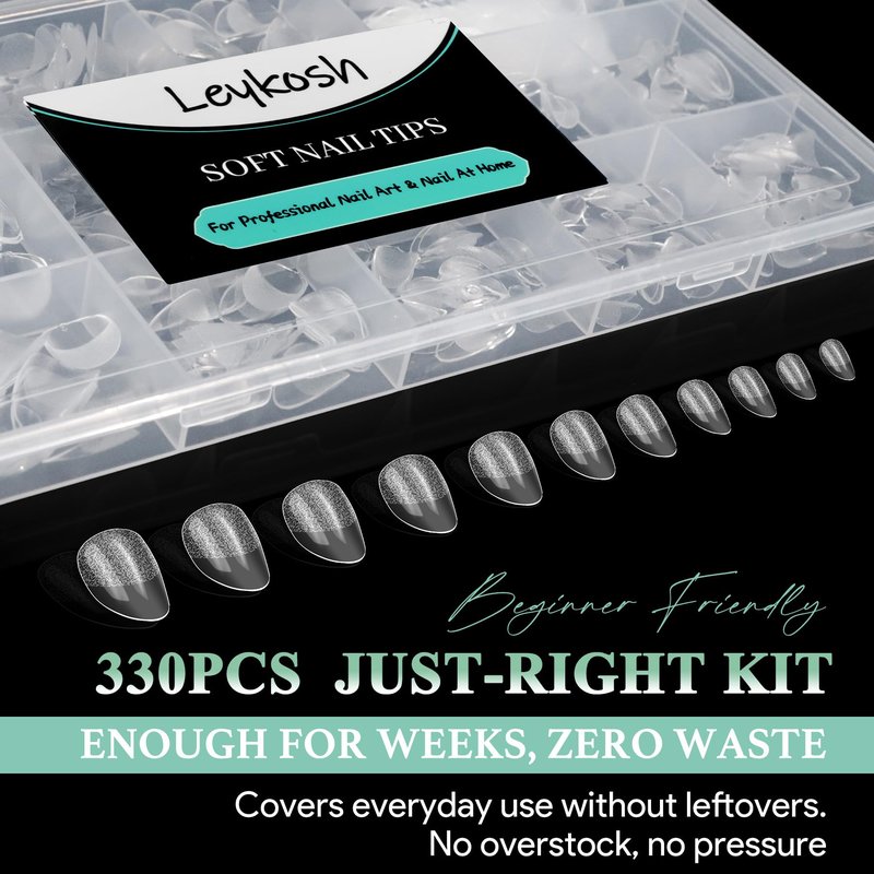 Leykosh Extra Short Almond Nail Tips - 15 Sizes 330PCS Soft Gel Fake Nails, Half Matte Full Cover Pre-Shaped Clear Press On Acrylic Nails No C Curve for Extension, DIY Home Manicure Beauty Gifts