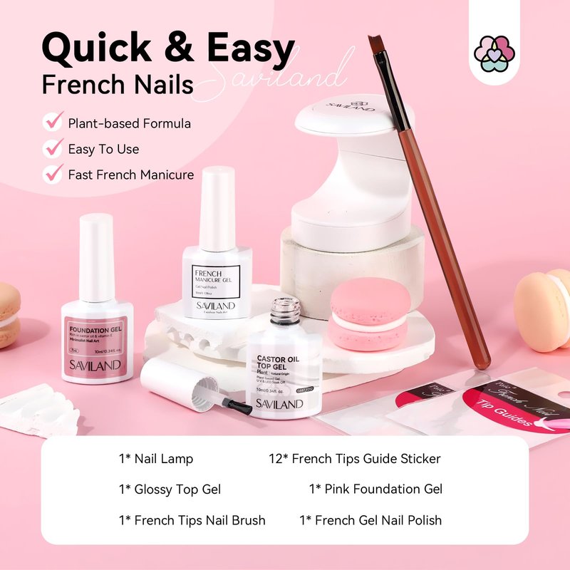 Saviland French Manicure Kit : French Tip Tools for Beginners French Tip Nail Stickers French Nail Brush White Gel Nail Polish Quick-Dry Nail Lamp French Tips Guides for Nail Art