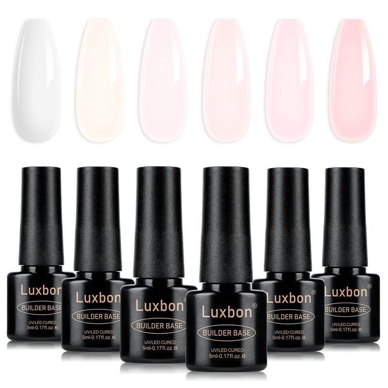 Luxbon 7 IN 1 Builder Base Color Gel Nail Polish Set, 6 Colors Nail Extension Enhancement Nude Gel Polish Pink Peach Nail Polish for Nails UV LED Soak Off Nail Art Design Gifts for Women Kit 010