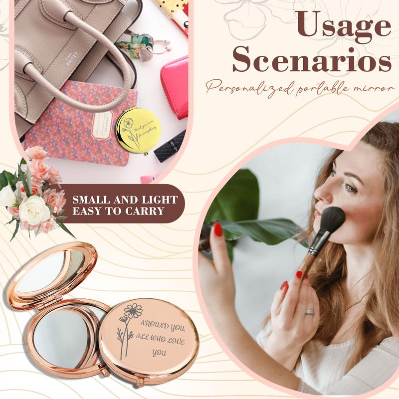 RSQGT Personalized Compact Mirror Custom Engraved with Birth Flowers and Text, Dual-Sided Small Mirror for Travel, Purse Bridesmaid Wedding Birthday Gift for Mom Friend Sister (Rose)